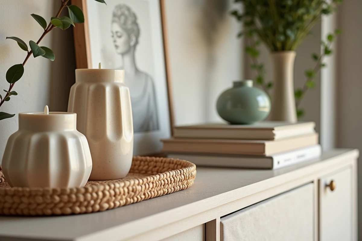 Vignette décorative tendance sur un buffet scandinave avec accessoires en travertin, rotin et céramique sur fond de mur en chaux gris-beige