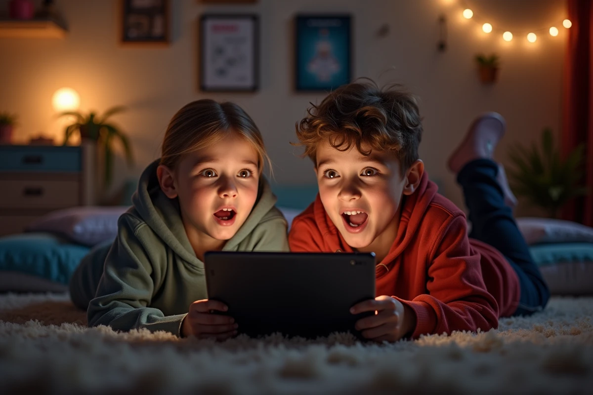 Deux adolescents regardant une série en streaming sur une tablette dans une chambre décorée avec des guirlandes lumineuses