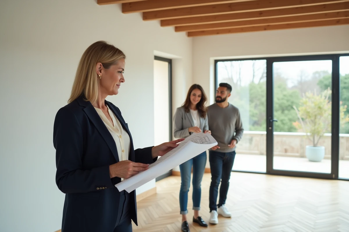Agent immobilière présentant des plans architecturaux à un couple lors d'une visite de maison neuve avec parquet en chêne et grandes fenêtres