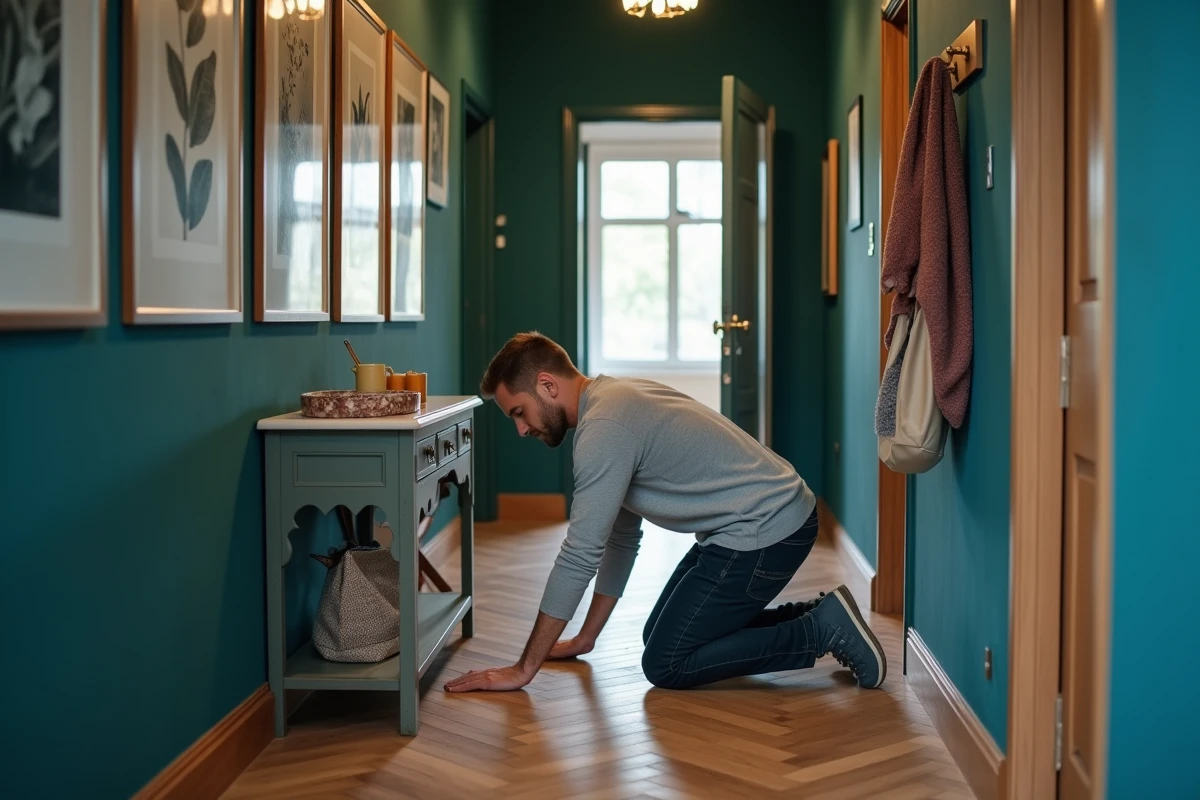 Homme installant un mur galerie de cadres dans un couloir décoré avec des murs bleu canard