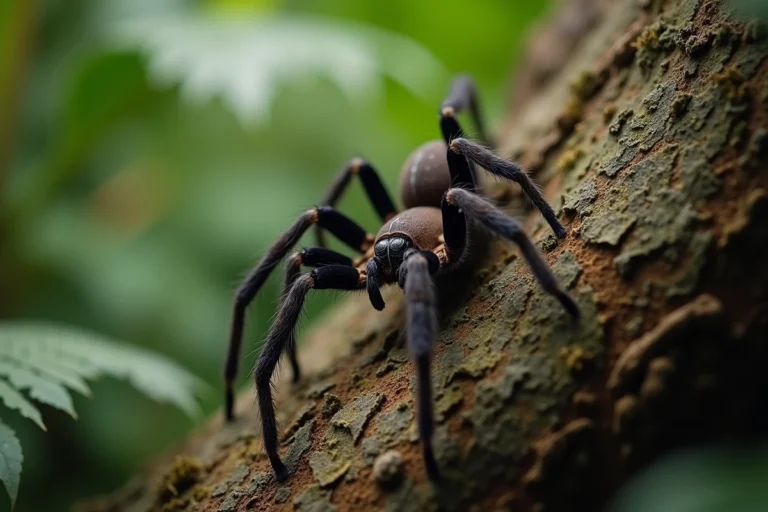 Araignée babouk posée sur l'écorce d'un arbre tropical à La Réunion, vue macro détaillée