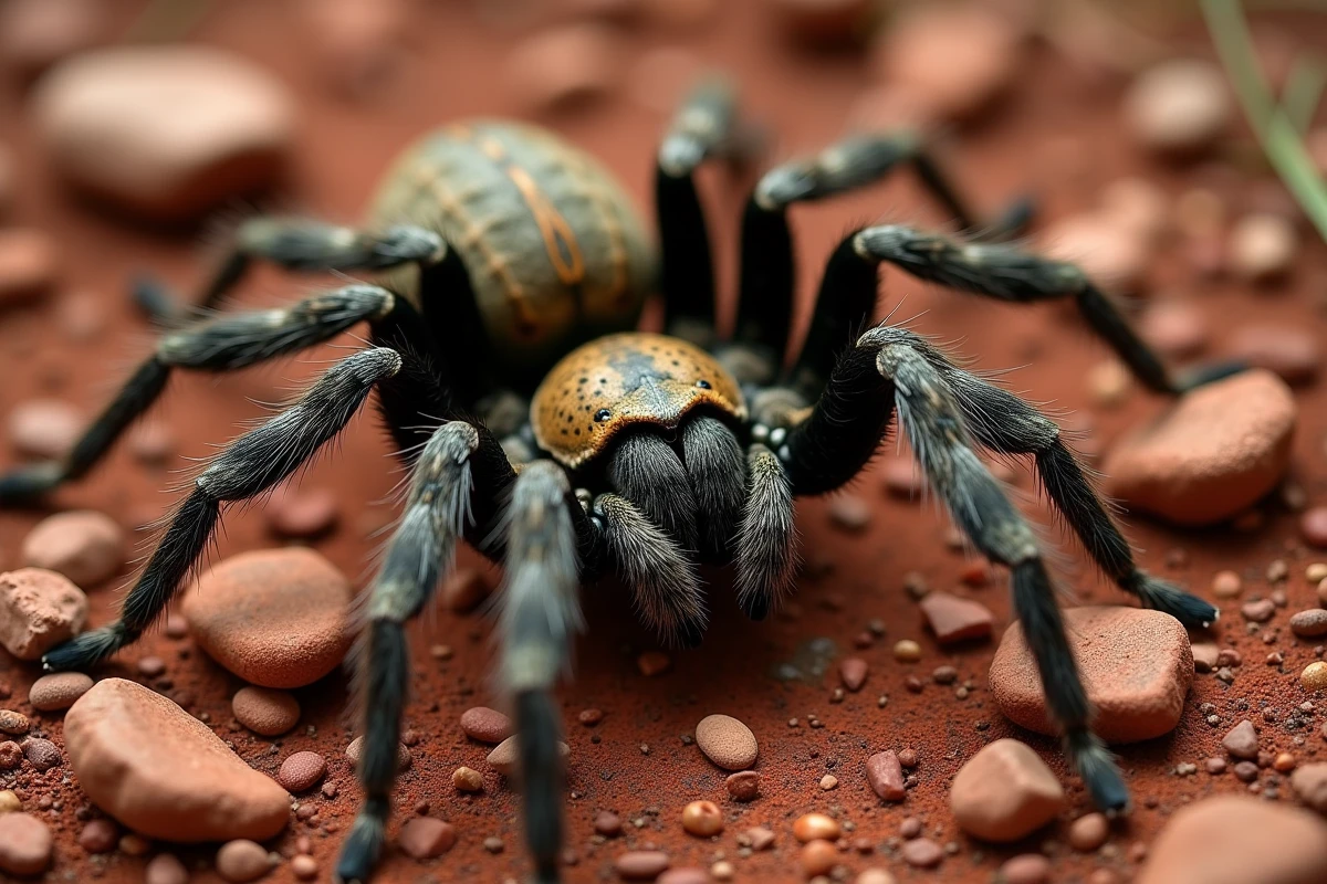 Vue rapprochée d'une araignée babouk sur une roche volcanique rouge caractéristique de La Réunion