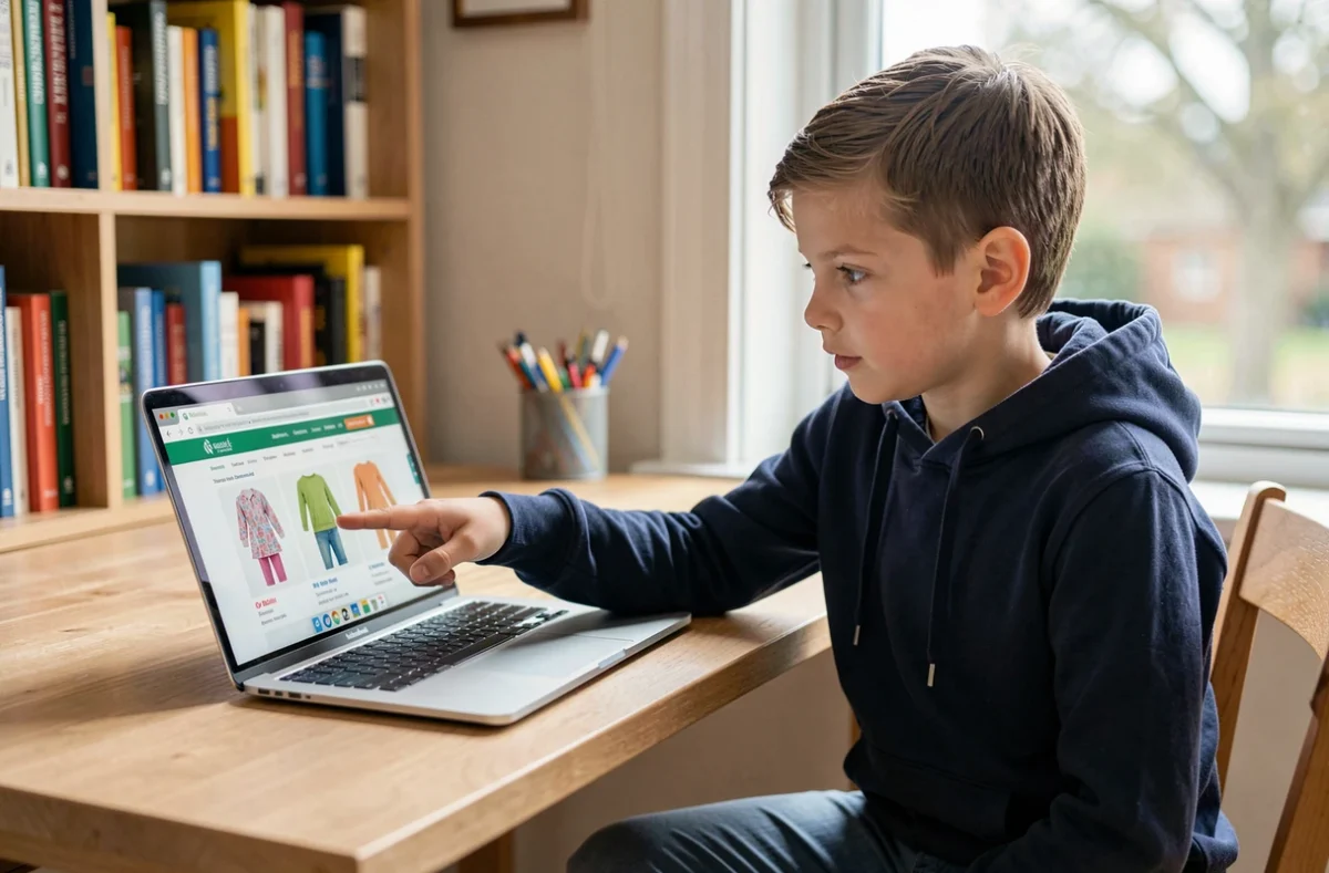 Jeune garçon naviguant sur une boutique en ligne de vêtements pour enfants depuis un ordinateur portable à la maison