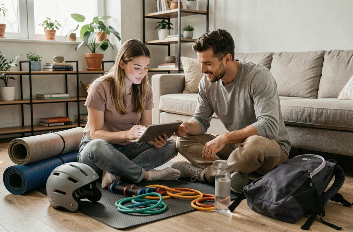 Couple évaluant leur équipement sportif à domicile avant une saison d'entraînement
