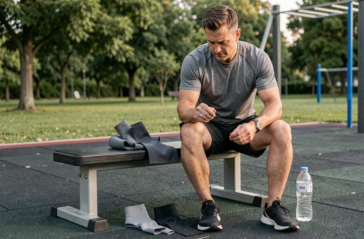 Homme comparant des genouillères de sport assis sur un banc dans un parc extérieur