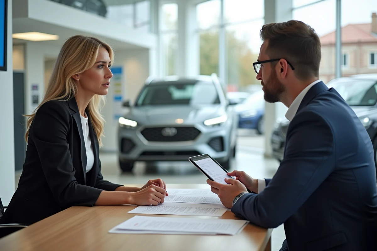 Cliente et conseiller leasing discutant des risques de reprogrammation d'un véhicule en contrat de location