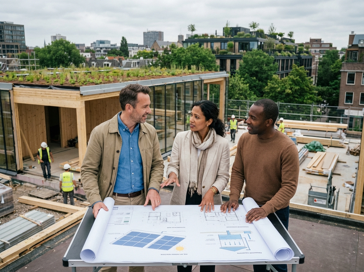 Groupe de professionnels discutant sur site de construction durable