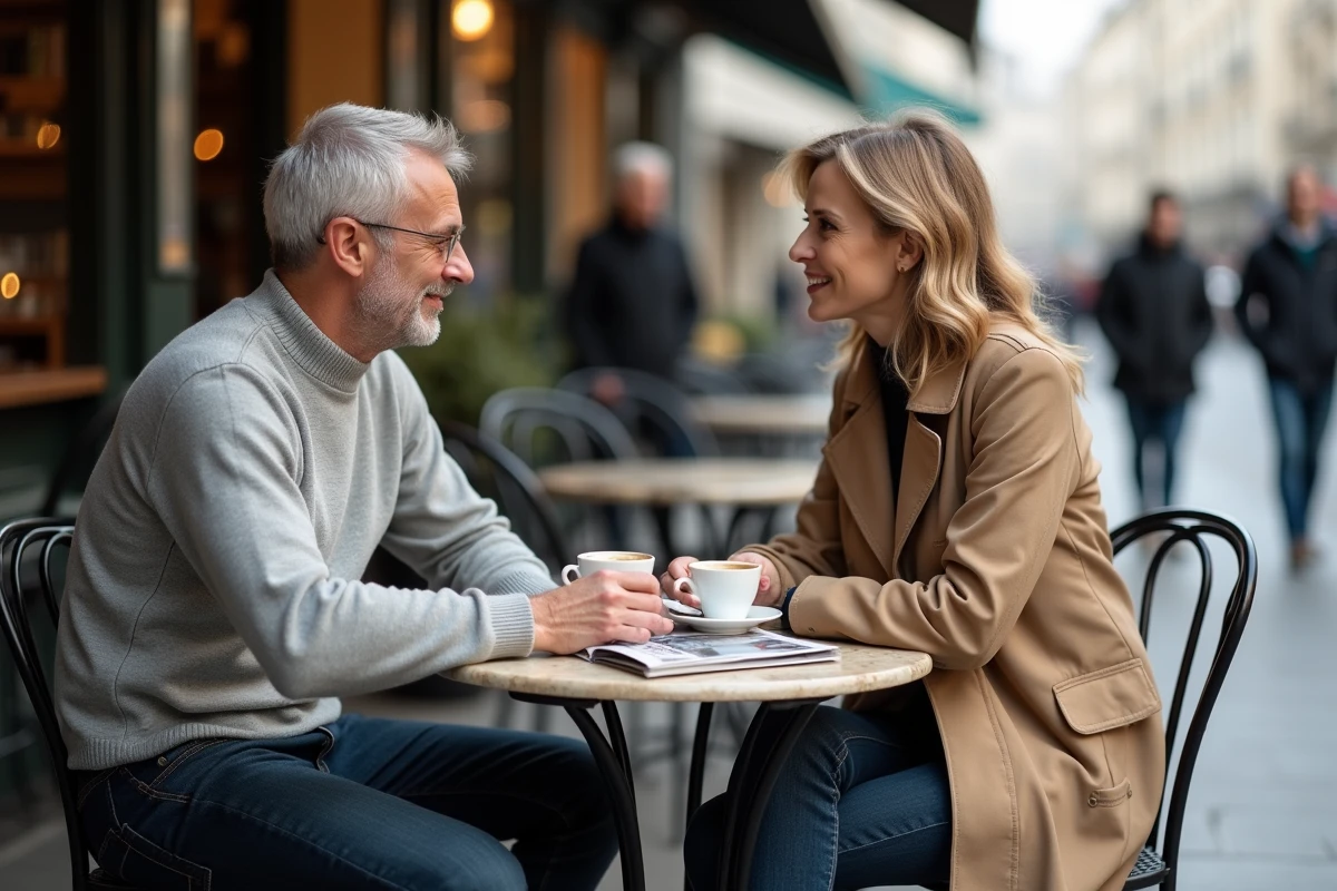 Couple discret attablé en terrasse d'un café parisien, illustrant l'équilibre entre vie familiale intime et exposition médiatique