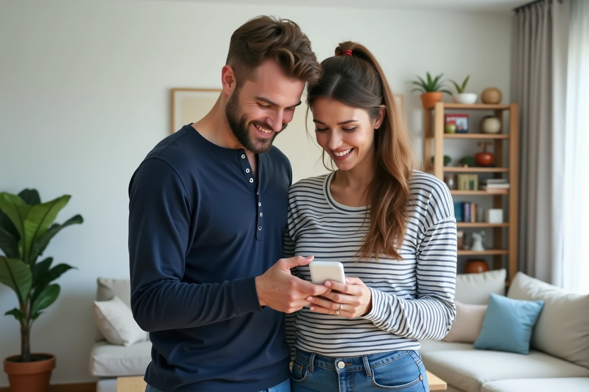 Couple consultant le calendrier familial partagé sur un smartphone dans un salon cosy