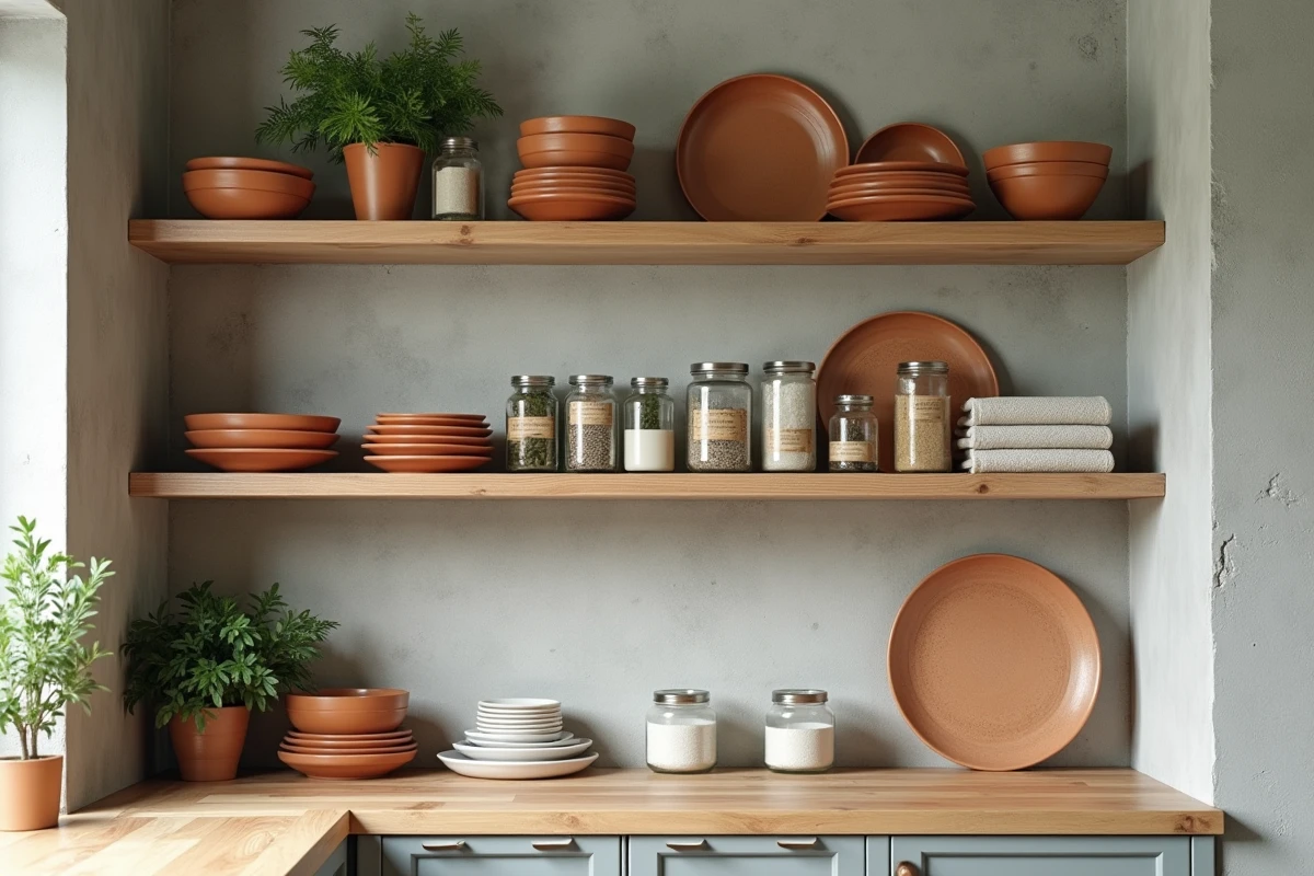 Étagères ouvertes en bois dans une cuisine moderne avec bols en terre cuite et herbes aromatiques