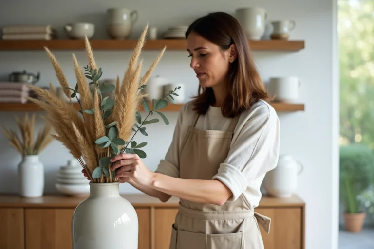 Femme arrangeant des fleurs séchées dans un vase en céramique dans un salon de style scandinave épuré