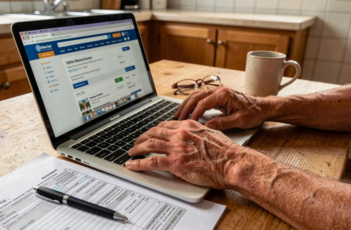 Mains d'une personne remplissant une demande de relevé d'information retraite en ligne sur ordinateur portable