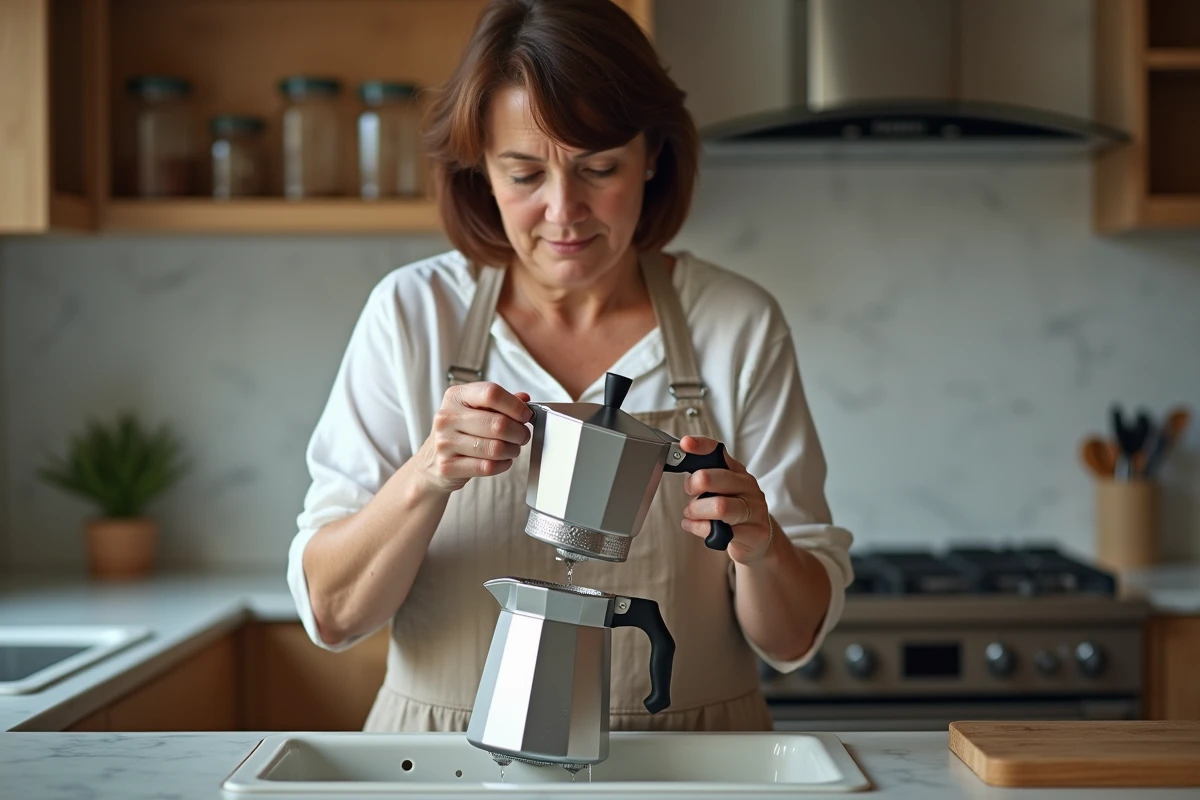 Femme démontant une cafetière italienne en aluminium avec des gouttes d'eau s'écoulant dans l'évier
