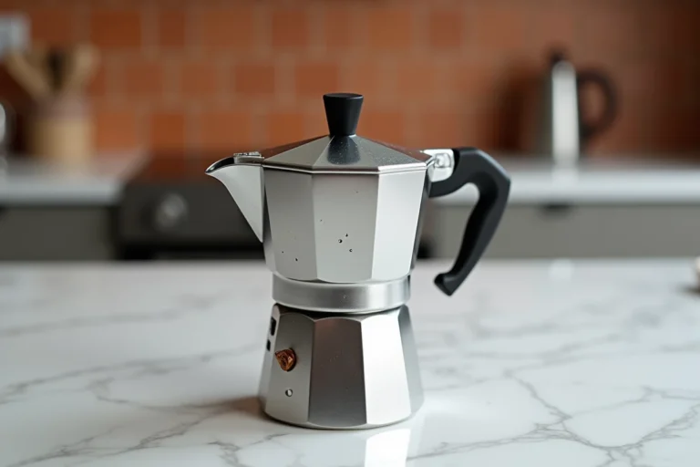 Cafetière italienne moka en inox avec résidu d'eau visible après utilisation sur un comptoir en marbre blanc