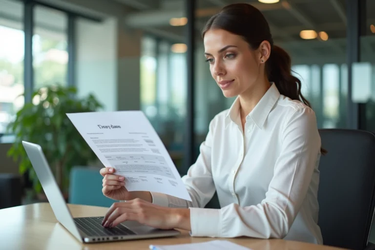 Employée de banque consultant sa fiche de paie sur un portail RH en ligne depuis son bureau en entreprise