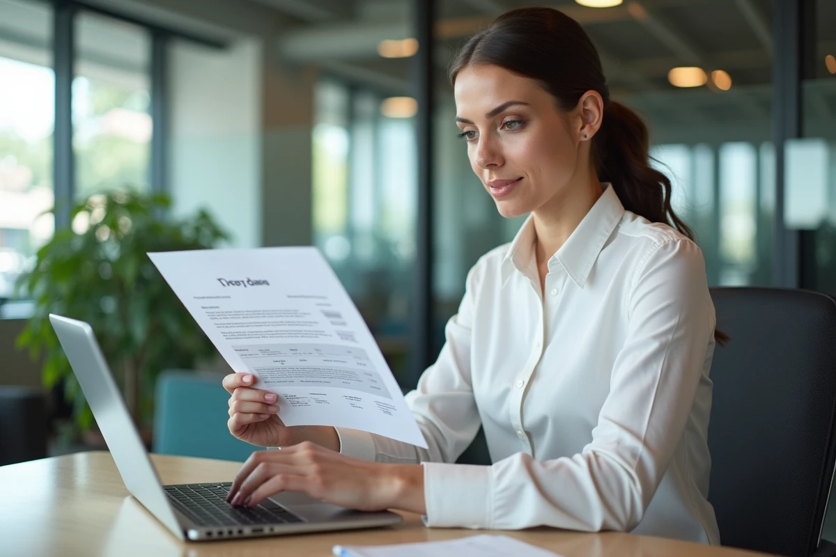 Employée de banque consultant sa fiche de paie sur un portail RH en ligne depuis son bureau en entreprise