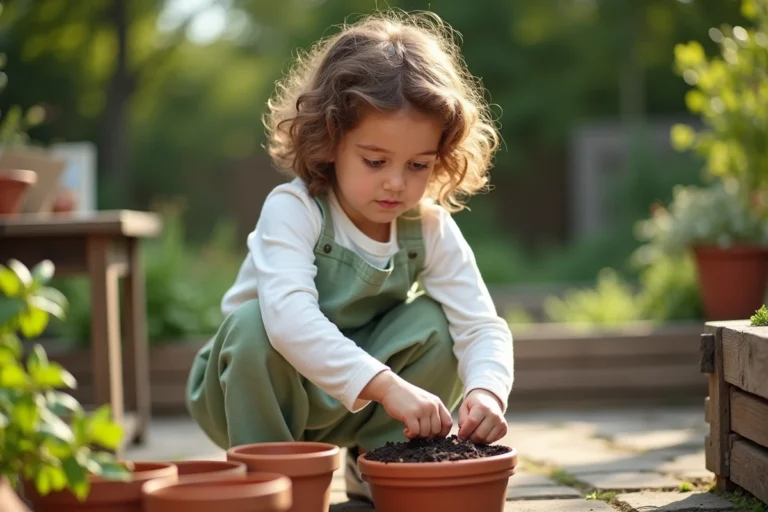 Jeune fille plantant des graines dans un pot en terre cuite dans un jardin ensoleillé, éveillant sa curiosité pour la nature