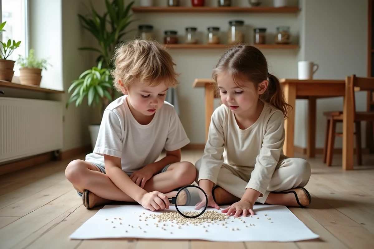 Deux enfants observant des graines à la loupe sur le plancher d'une cuisine, découvrant la nature avec émerveillement