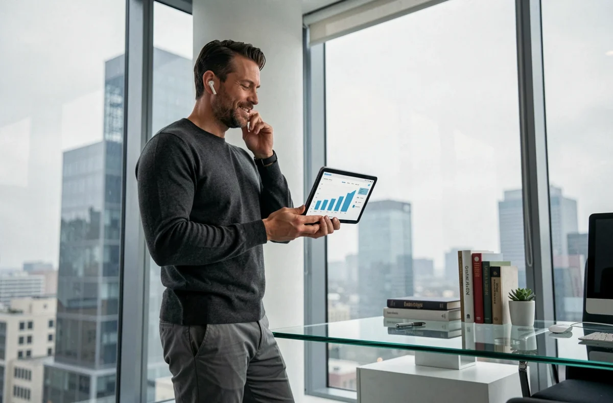 Entrepreneur en costume décontracté consultant des analyses business sur tablette dans un bureau moderne avec vue sur la ville