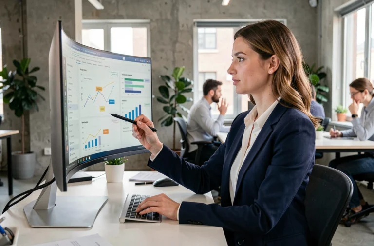 Entrepreneuse concentrée analysant une stratégie business sur écran dans un espace de coworking moderne