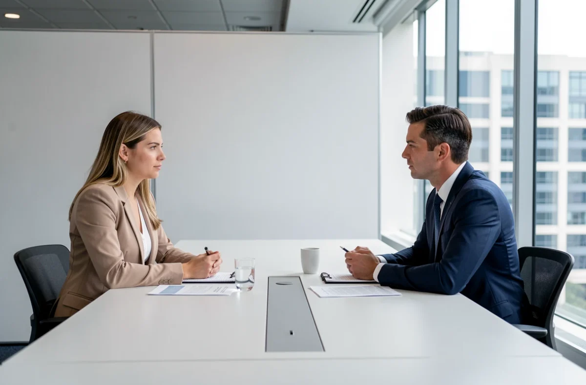 Entretien d'embauche professionnel entre une candidate et un recruteur dans une salle de réunion moderne