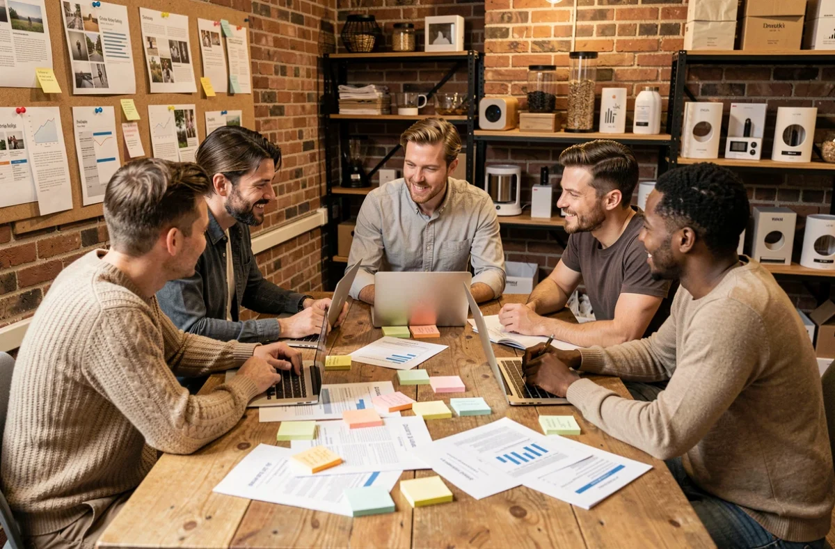 Équipe d'entrepreneurs collaborant autour d'un plan d'affaires dans un studio créatif de type incubateur startup