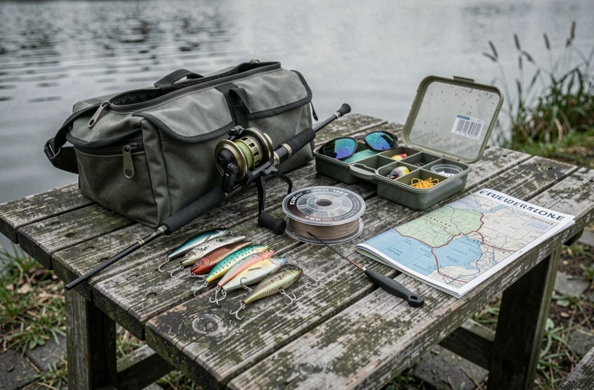 Équipements essentiels de pêche disposés sur une table en bois au bord d'un lac belge, incluant moulinets, leurres et boîte à hameçons