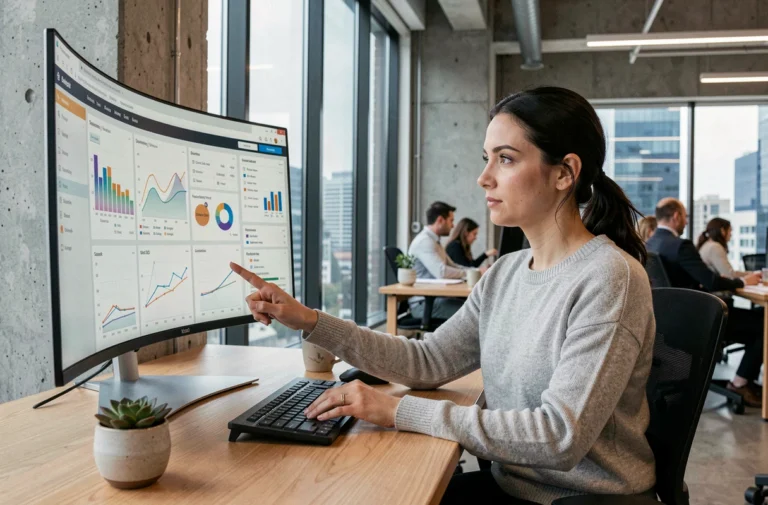 Femme professionnelle analysant des tableaux de bord SEO sur un grand écran dans un bureau moderne avec vue urbaine