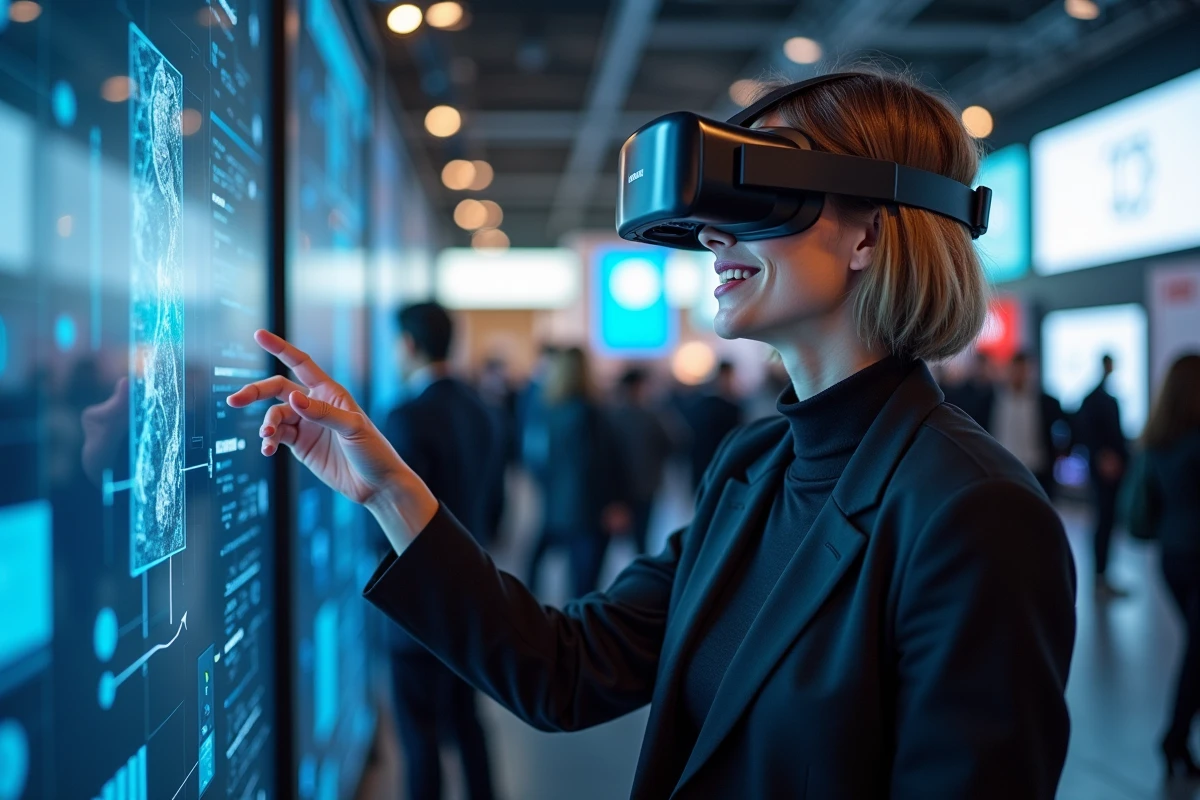 Femme avec casque de réalité augmentée lors d