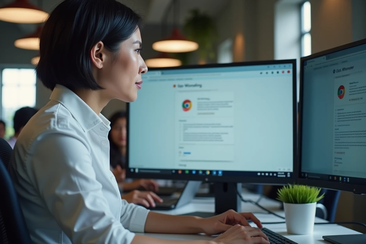 Femme au bureau résolvant un problème de fermeture de Chrome sur Windows 11 avec deux écrans