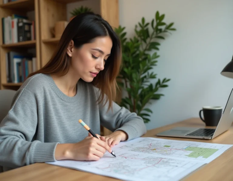 Femme consultant un plan de site imprimé à son bureau pour naviguer facilement sur un site web