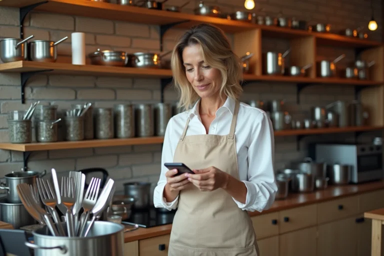 Femme inspectant ustensiles de cuisine modernes dans une boutique