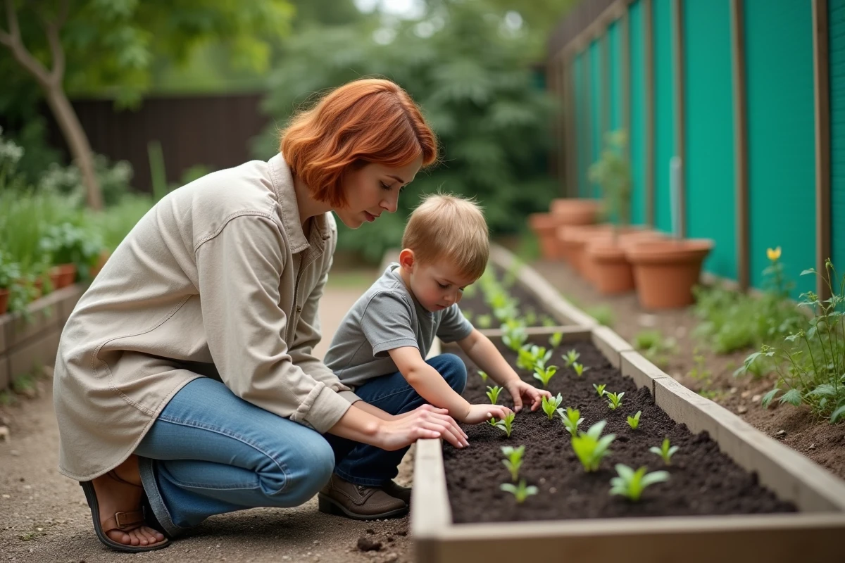 Femme et jeune enfant admirant des plants qui germent dans un jardin communautaire, partageant la curiosité pour la nature