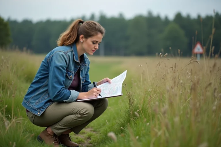 Femme observant une carte dans une prairie sauvage