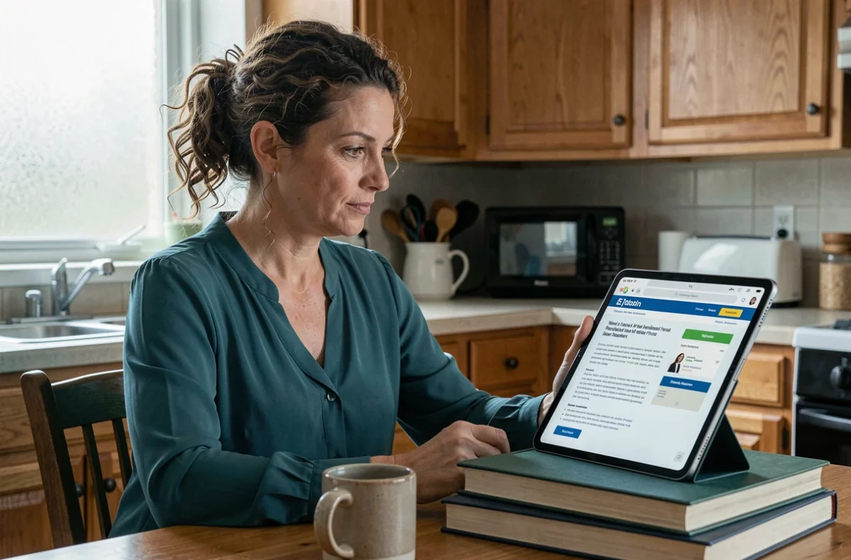 Femme d'âge mûr consultant des offres d'emploi sur une tablette dans sa cuisine