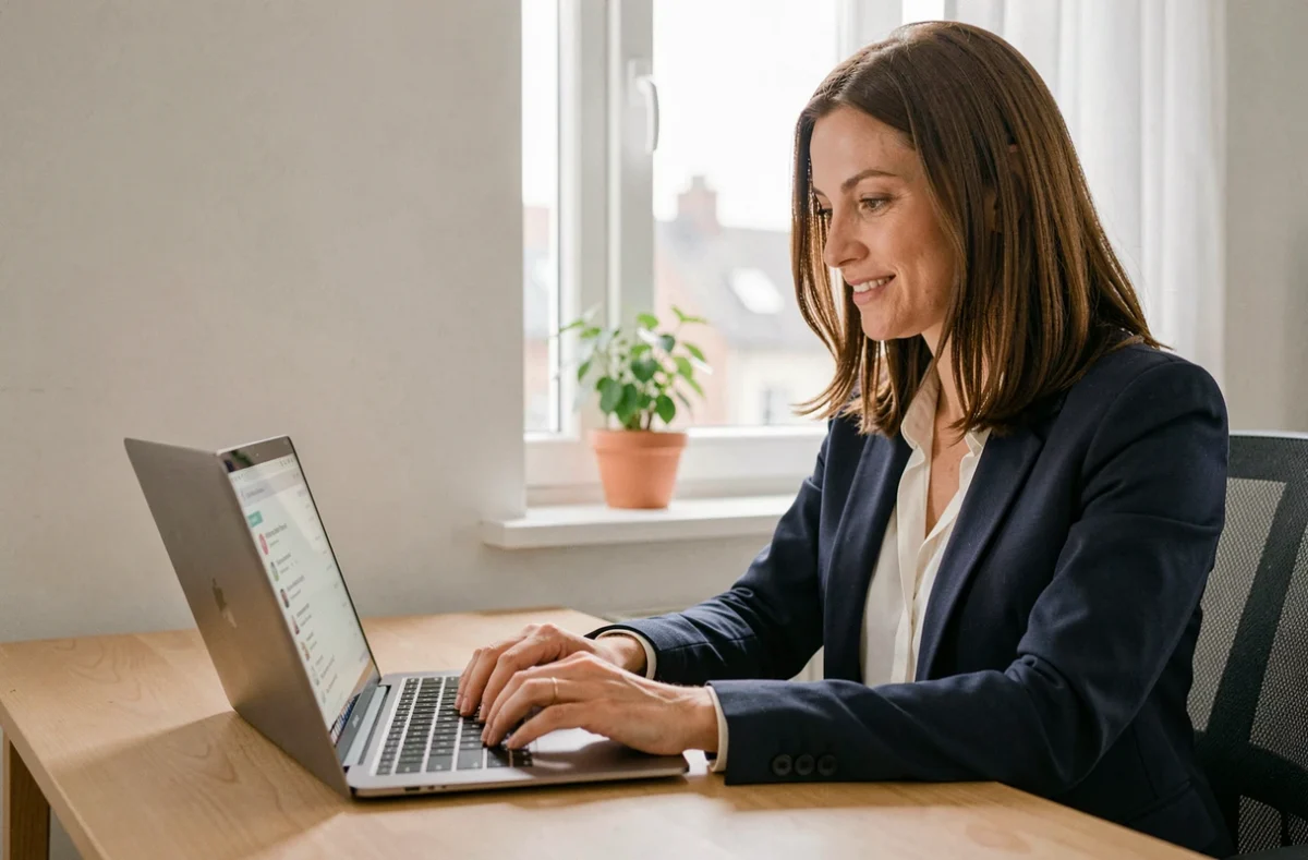 Femme cherchant un emploi en ligne depuis son bureau à domicile avec un ordinateur portable