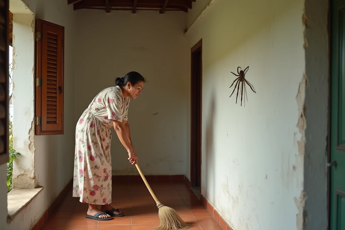 Femme réunionnaise inspectant un coin de mur intérieur face à une araignée babouk avec un balai