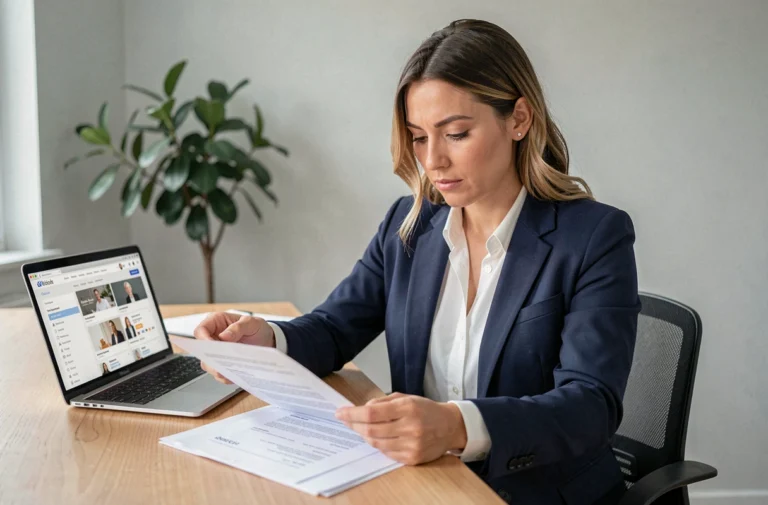 Femme professionnelle révisant son CV à son bureau à domicile pour optimiser sa recherche d'emploi