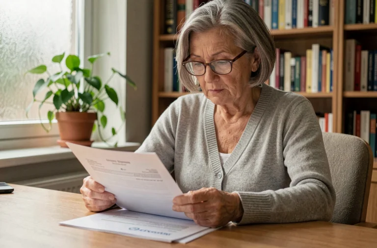 Femme senior consultant son relevé d'information d'assurance retraite à son bureau à domicile