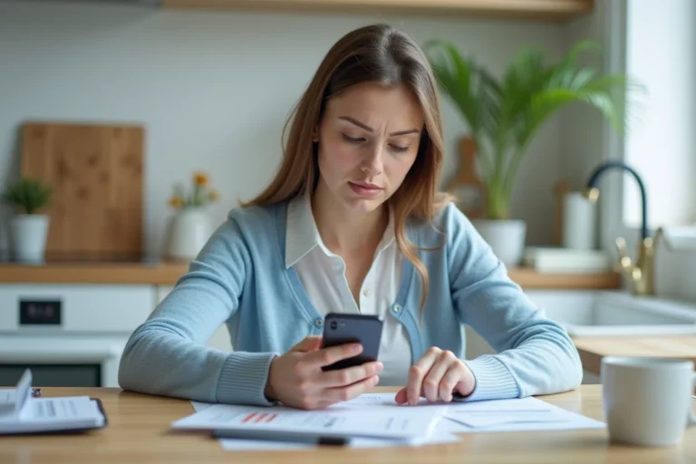Femme réfléchie vérifiant ses documents santé à la maison