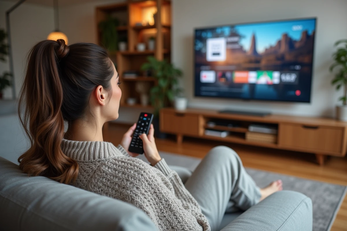 Femme regardant une plateforme de streaming sur sa télévision dans un salon moderne et cosy