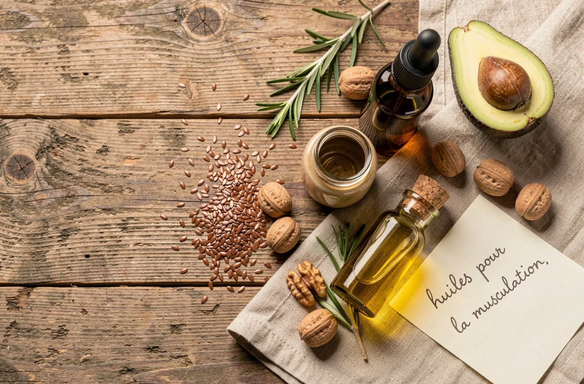 Composition à plat d'huiles naturelles et d'aliments riches en acides gras pour booster la croissance musculaire