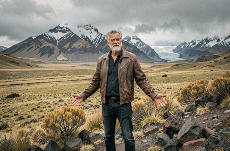 Homme aux cheveux argentés contemplant le paysage sauvage de Patagonie, veste en cuir usé, montagnes et glaciers en arrière-plan