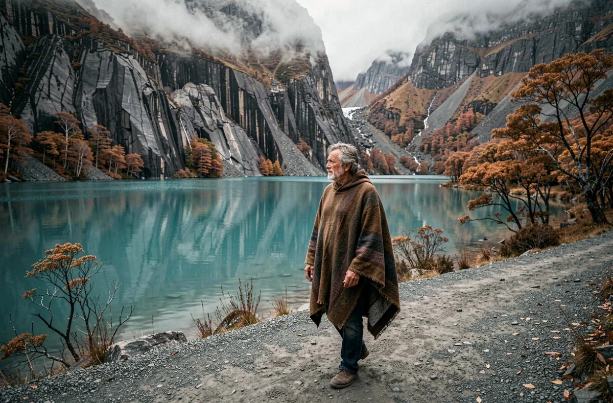 Homme solitaire en poncho marchant sur un sentier longeant un lac glaciaire turquoise en Patagonie, falaises de granit et forêt automnale