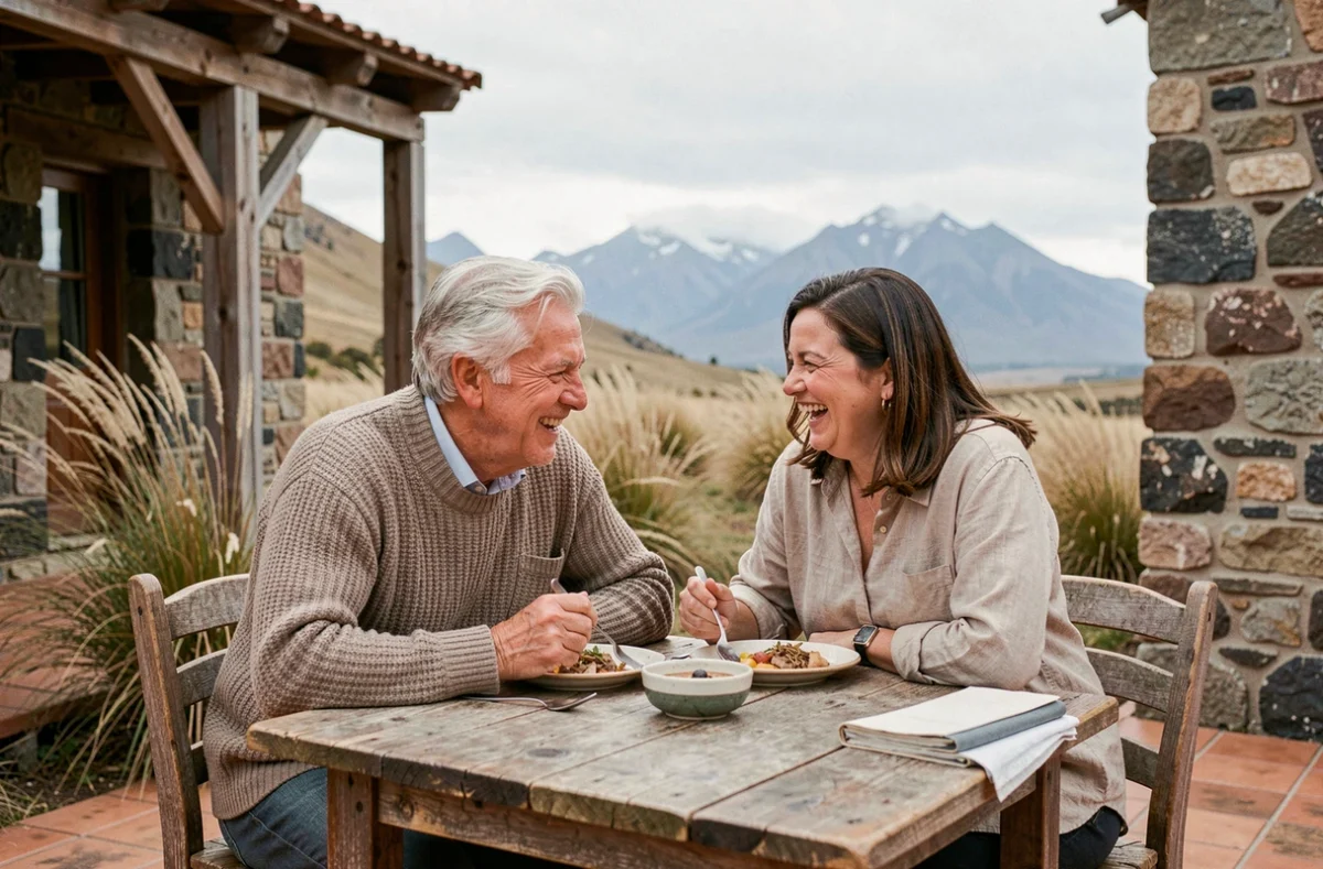 Couple souriant partageant un repas à l'extérieur d'un ranch en pierre de Patagonie, moment de vie quotidienne authentique et chaleureux