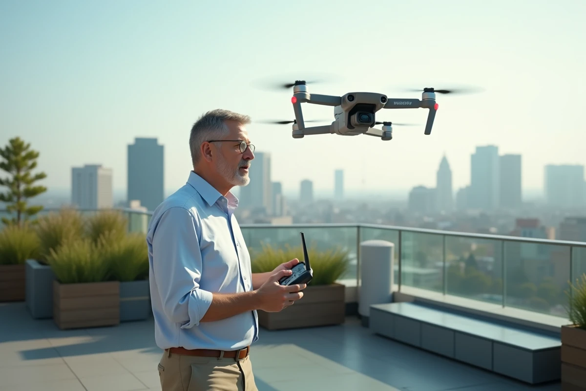 Homme avec drone sur terrasse urbaine