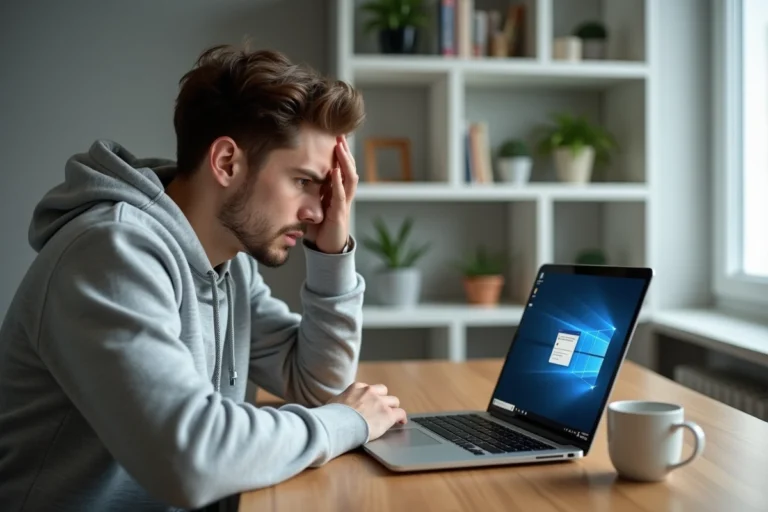 Homme frustré devant un laptop Windows 11 affichant une erreur de fermeture de Chrome