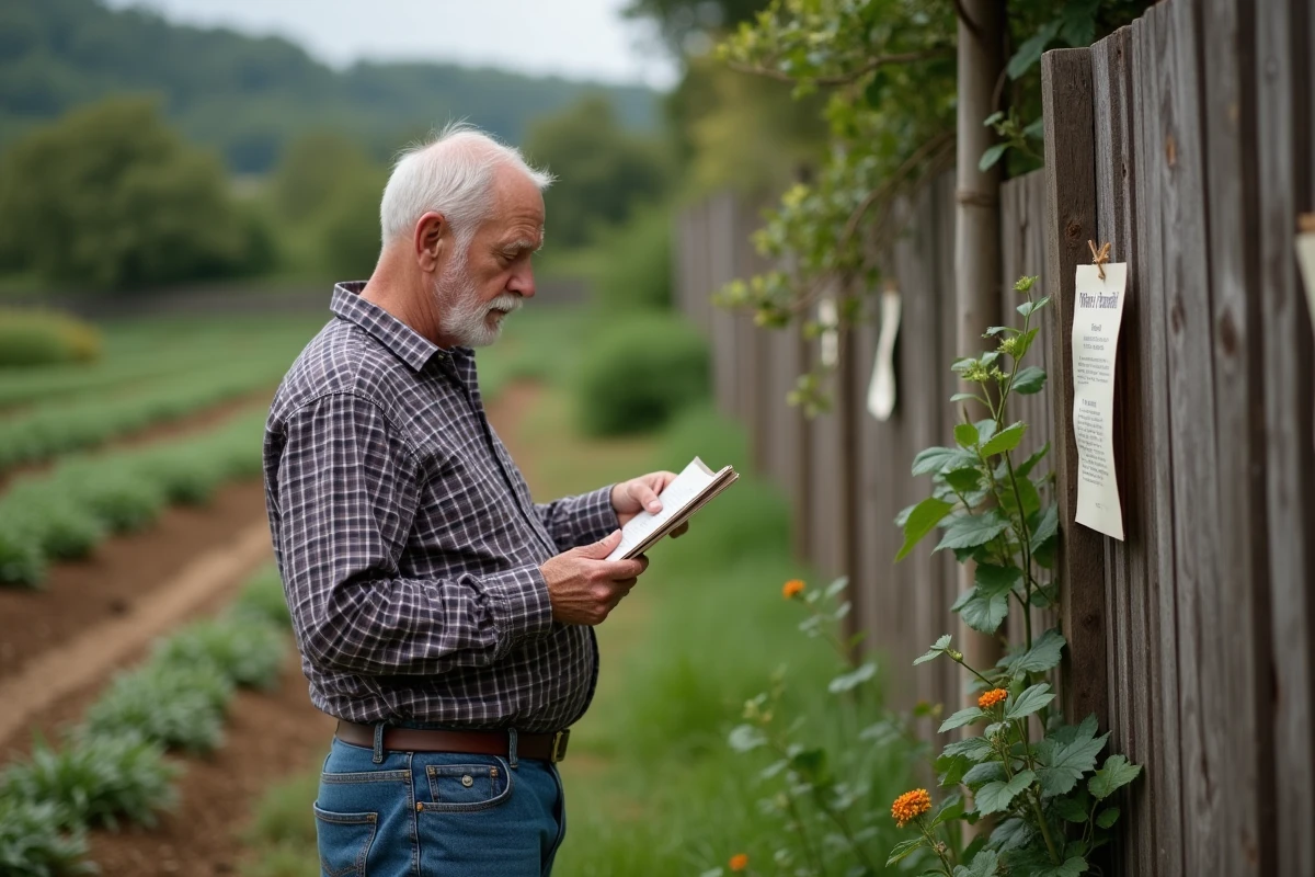 Homme regardant une affiche dans un jardin cultivé