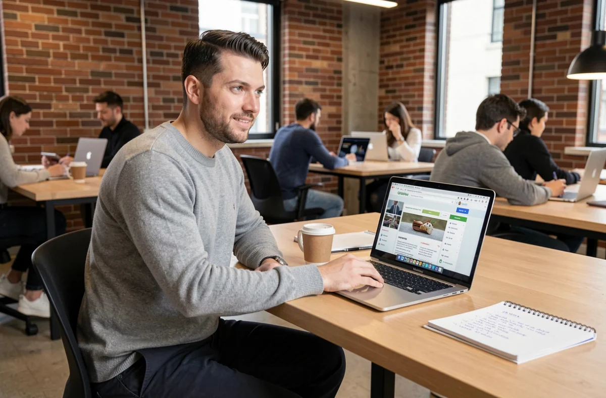 Homme consultant des offres d'emploi en ligne dans un espace de coworking moderne