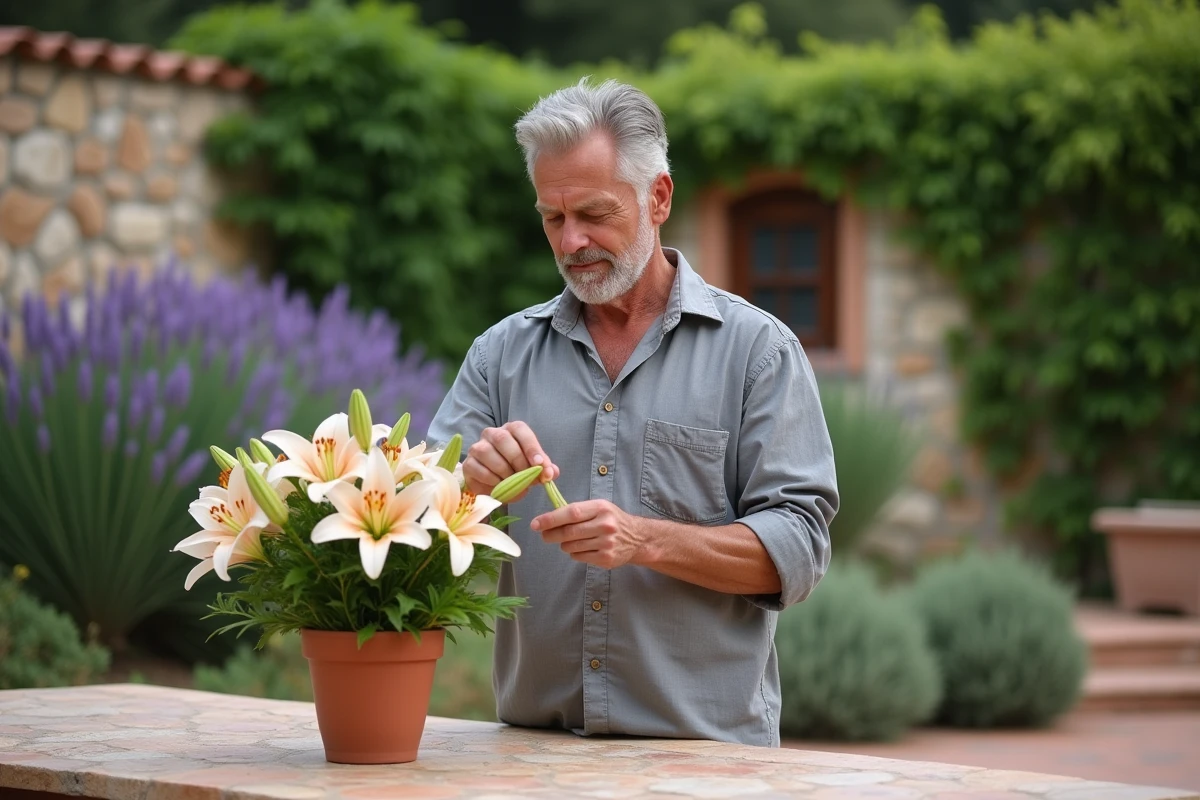 Homme examinant le pistil retiré d'une fleur de lys dans un jardin méditerranéen en terrasse